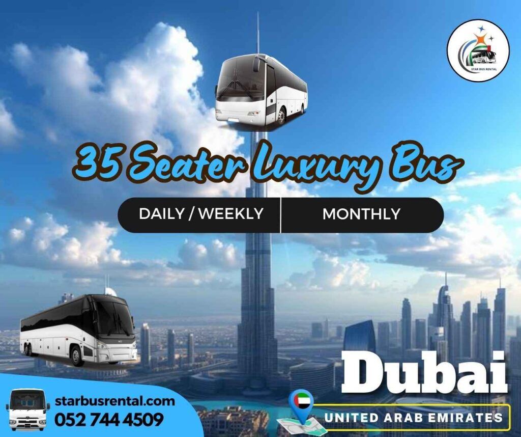 Enjoy smooth and stylish travel across Dubai with a 35 seater luxury bus rental, perfect for business and leisure groups.