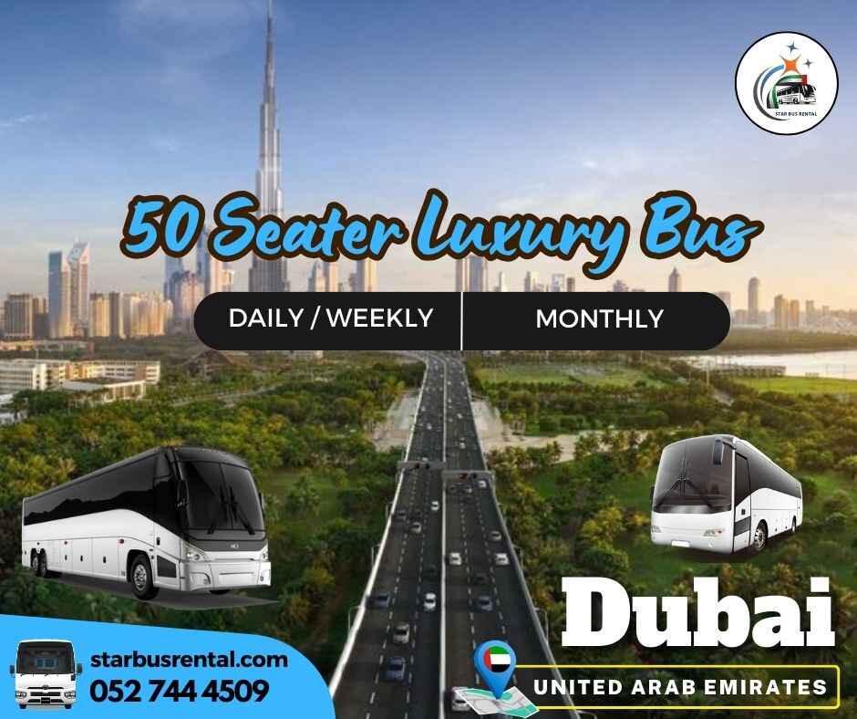 Travel in comfort and style with a 50 seater luxury bus rental in Dubai, ideal for corporate trips, weddings, and city tours.