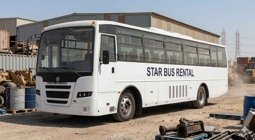 Ashok Leyland 66-seater AC staff transport bus available for rent in Sharjah and Dubai.