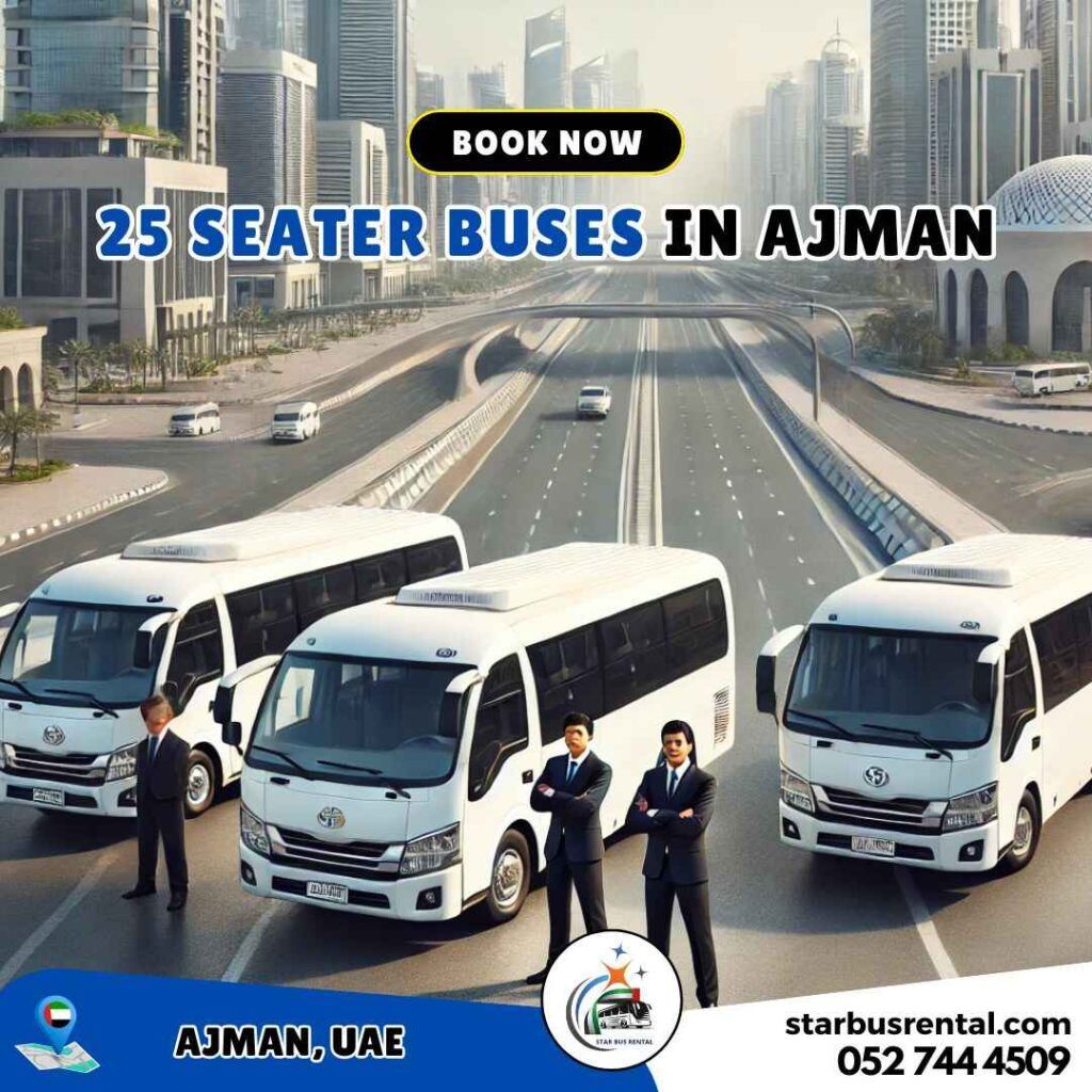 25 seater bus for rent rental in Ajman for group transportation.