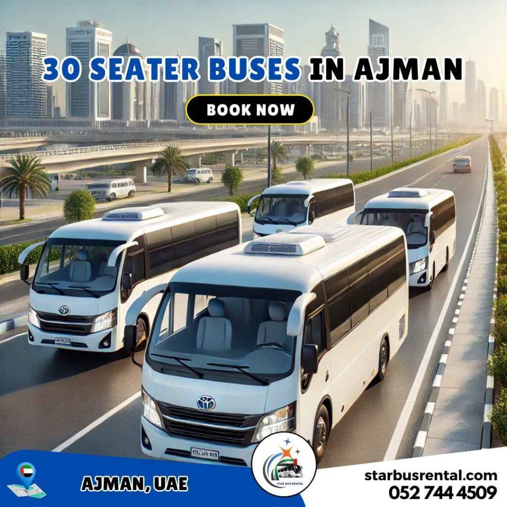 30 seater bus for rent rental in Ajman for group transportation.