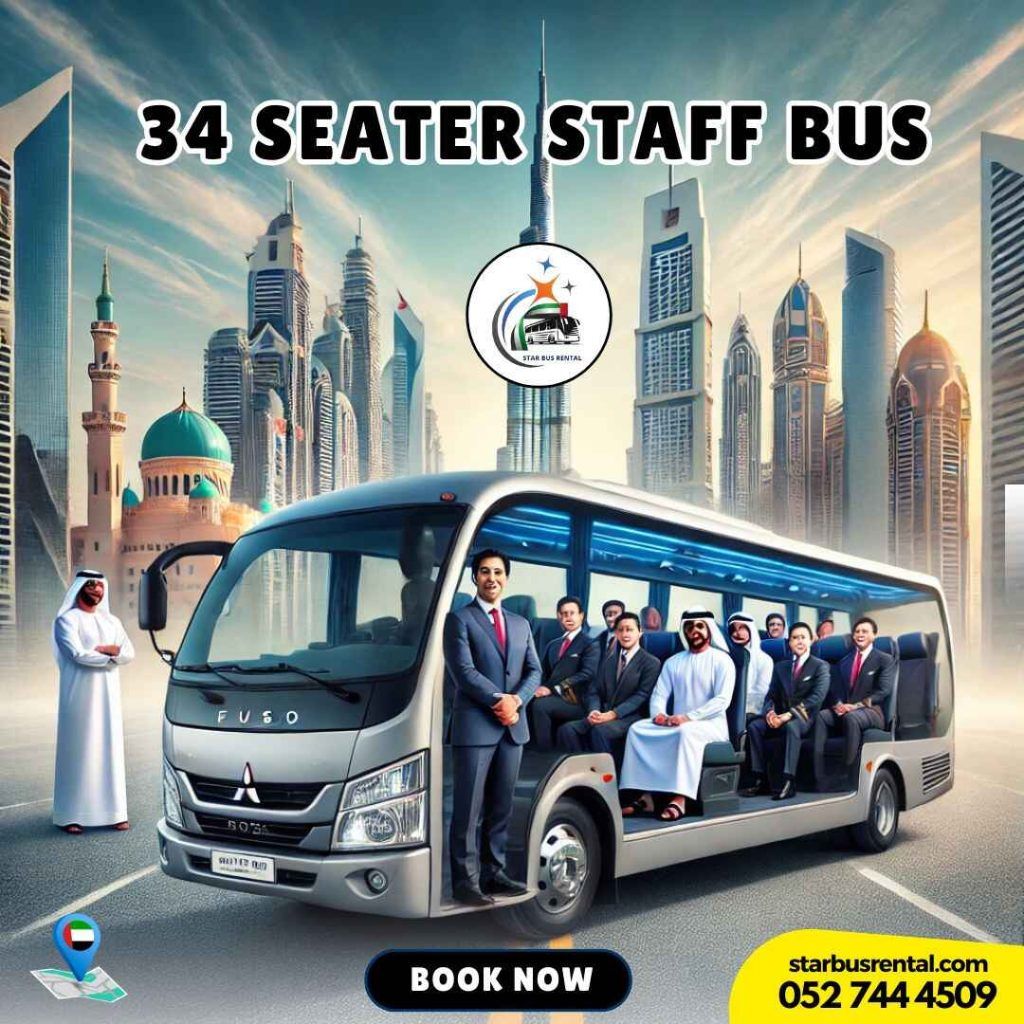 34 seater staff bus rental from Star Bus Rental for convenient transport across UAE emirates.