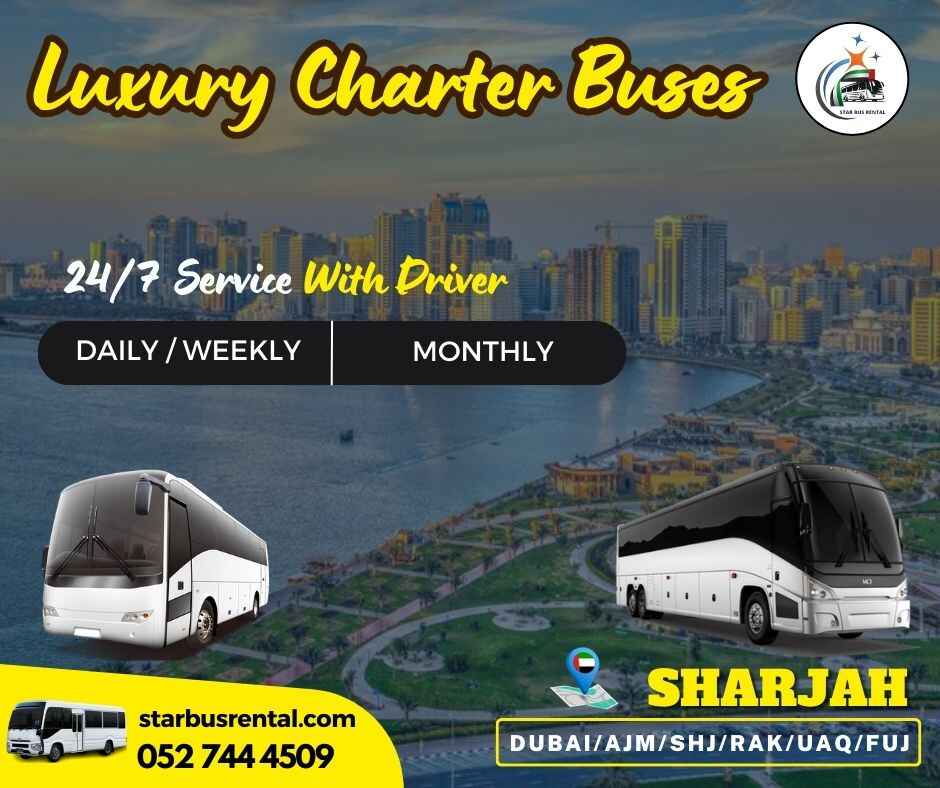 Travel across Sharjah in elegance and comfort with a luxury charter bus rental, ideal for corporate trips, events, and sightseeing.
