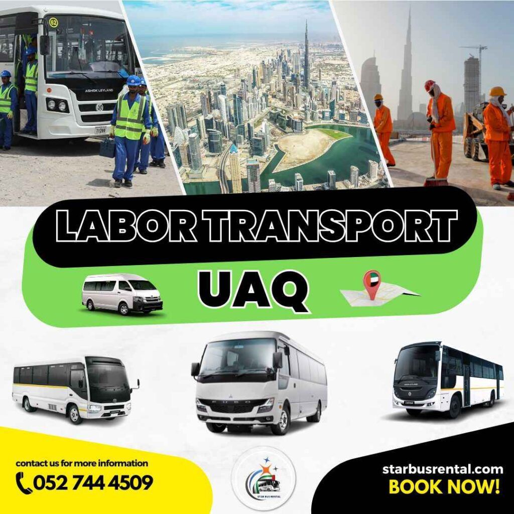 Labor transport bus in Umm Al Quwain, providing daily worker pick and drop service to industrial zones.