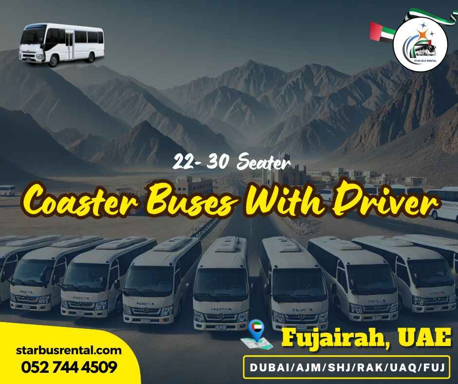 A 22 seater bus available for rent in Fujairah, ideal for staff transport, school trips, and group travel.