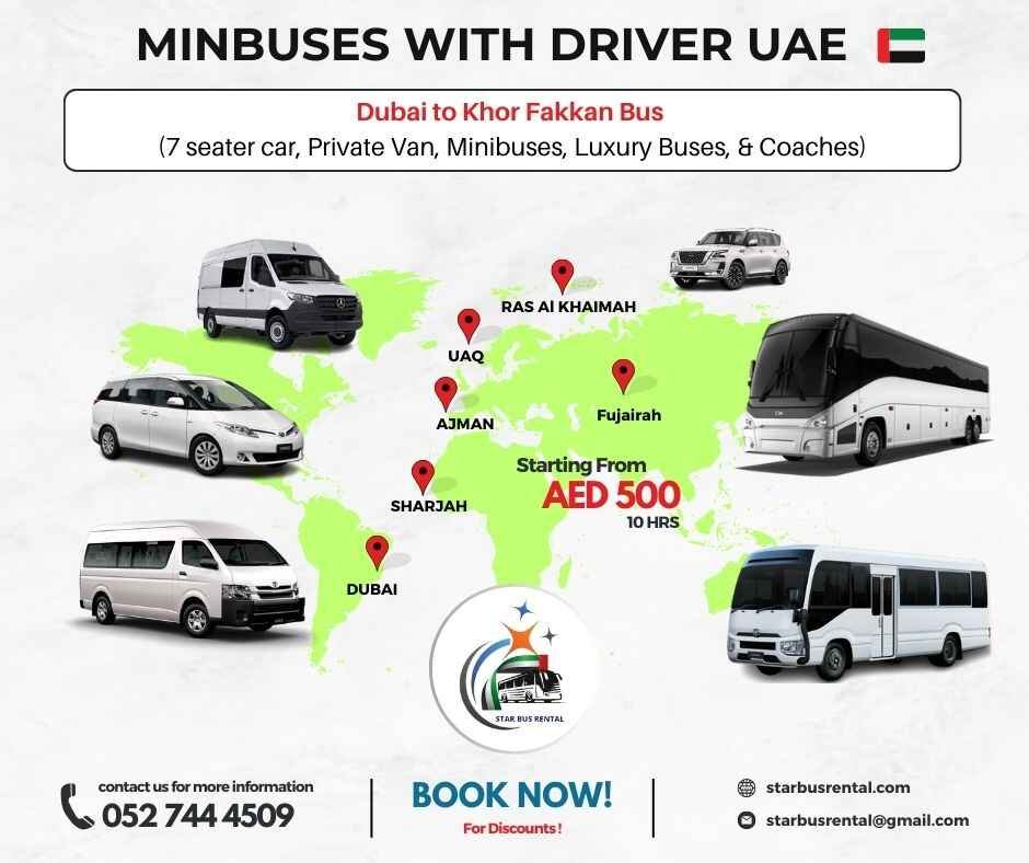 Minibus rental service in Dubai, Sharjah, Ajman, Ras Al Khaimah, Umm Al Quwain, Fujairah, Khorfakkan, Kalba, and Al Ain for group transportation
