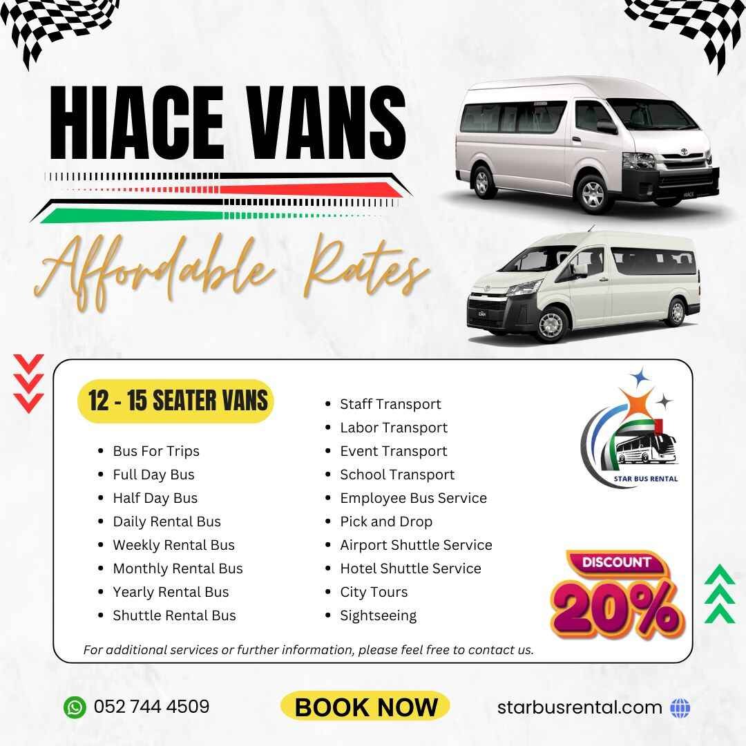 Hiace Van Rental in Dubai, Sharjah, Ajman & UAE | 12–14 Seaters