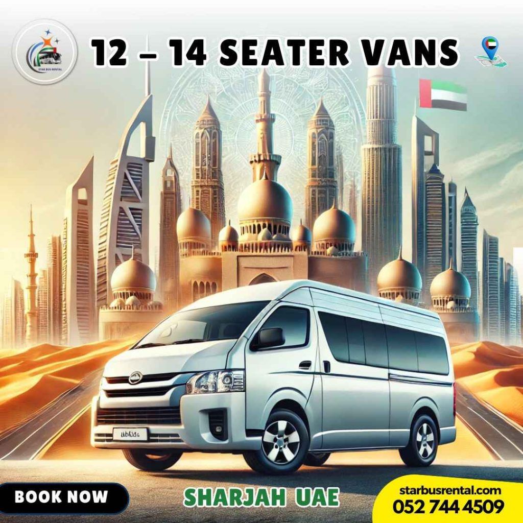 Hiace van for rent in Sharjah for group travel and transportation.