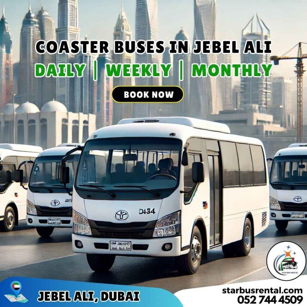 22-30 seater coaster bus rental in Jebel Ali for group transportation.