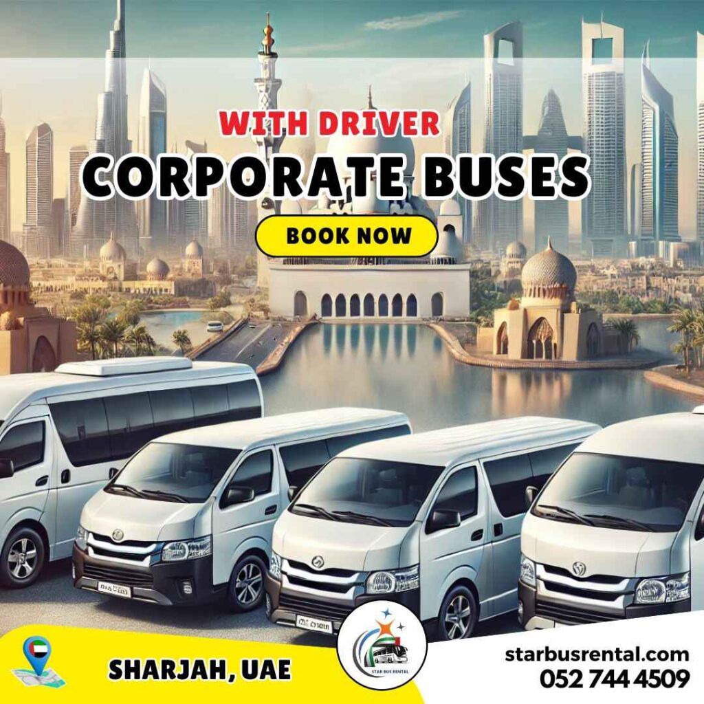 Hire luxury corporate bus in Sharjah, offering premium transportation for business events and employee transfers.