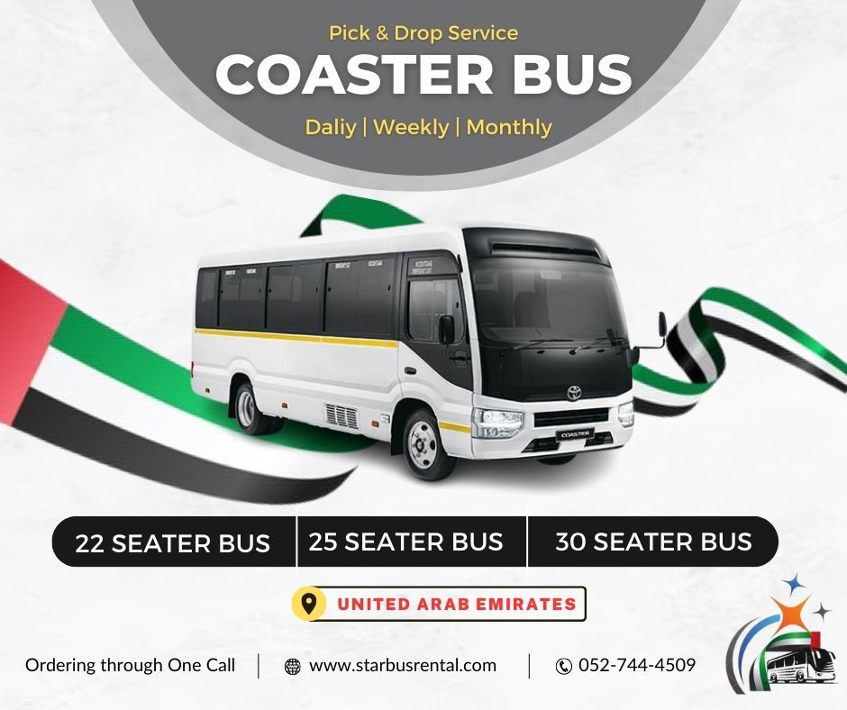 Affordable and comfortable Coaster bus rental in Dubai for group outings, tours, and staff transport.