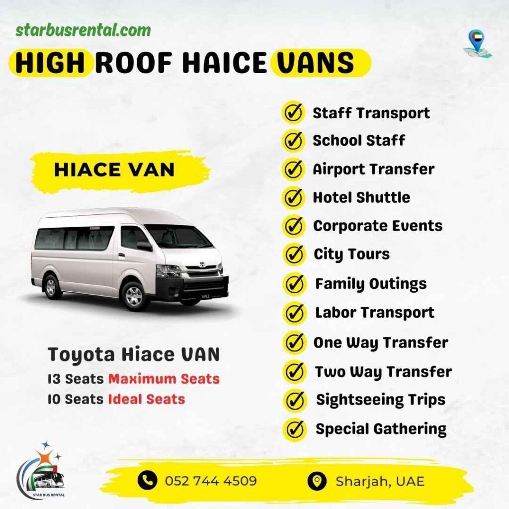 A high roof rental van in Dubai designed for spacious and comfortable group transportation across UAE cities