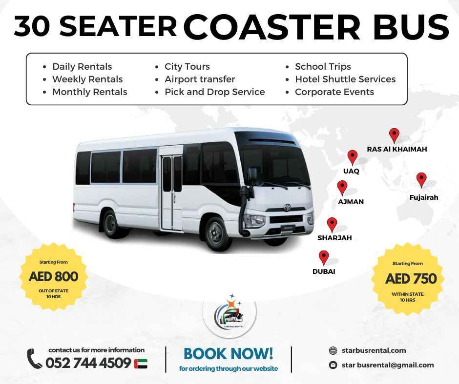 30 seater rental bus for rent in the UAE for group travel, staff transport, school trips, and tourism services