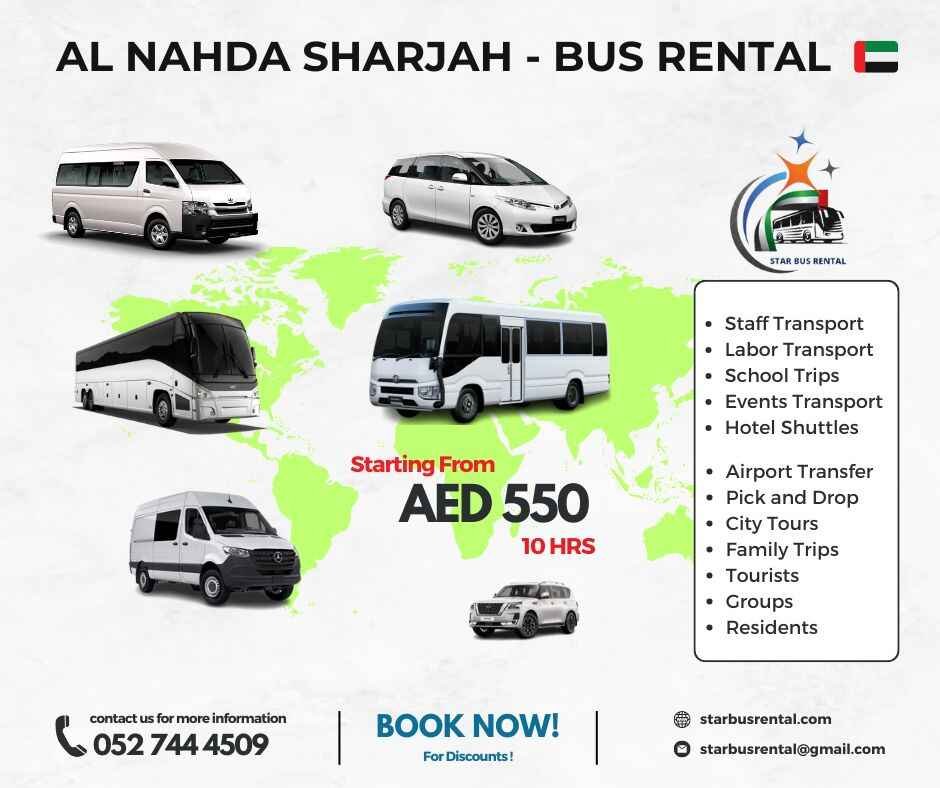 Bus rental service in Al Nahda Sharjah for group travel, staff transport, school trips, and city tours