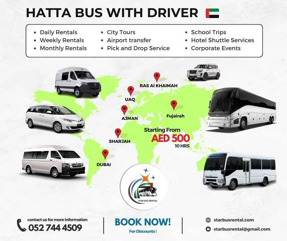 Bus rental service in Hatta for group travel, sightseeing tours, family trips, and corporate transportation