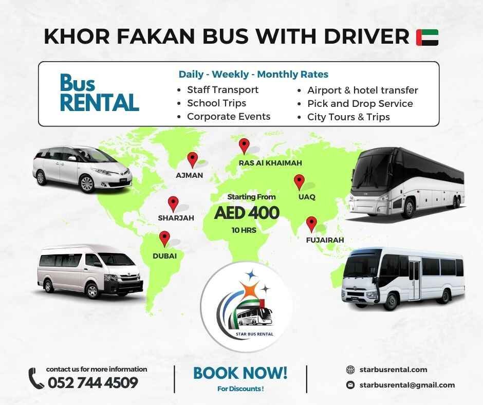 Rental bus in Khorfakkan for city tours, group travel, school trips, and corporate transport