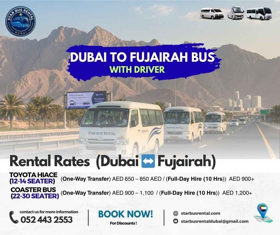 Bus rental service from Dubai to Fujairah for group travel, tours, corporate trips, and staff transportation
