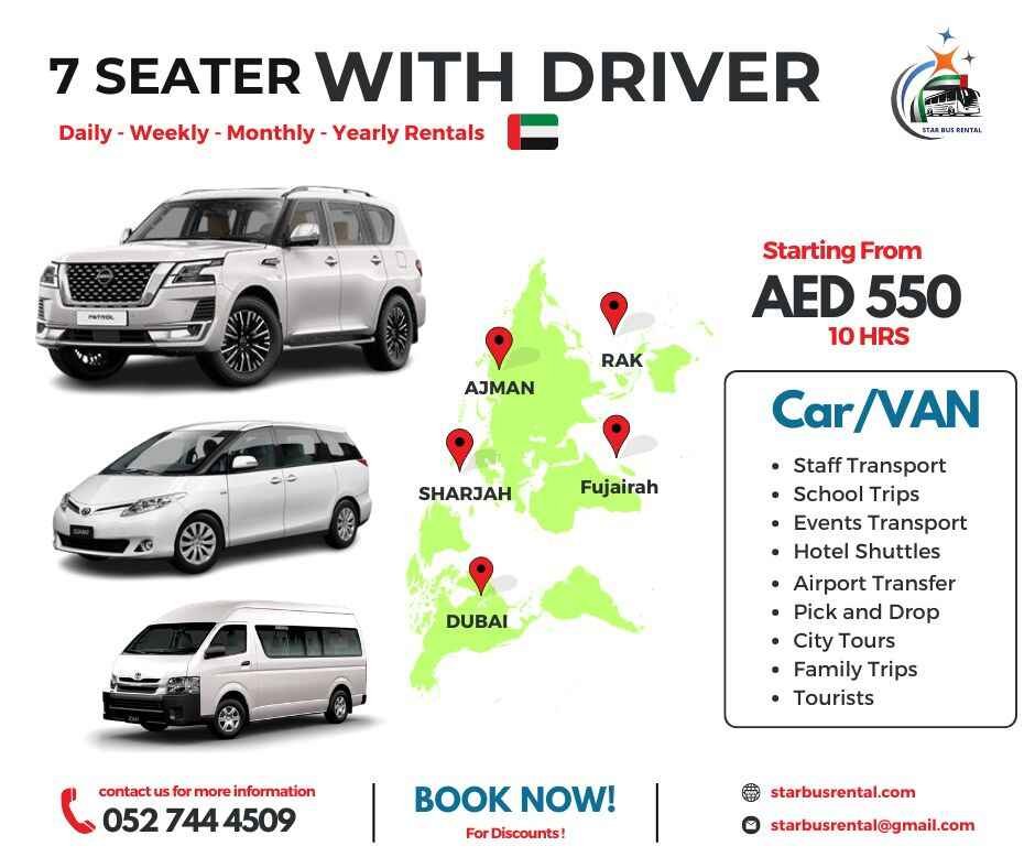 7-seater rental car in Dubai for city tours, family trips, sightseeing, and group travel