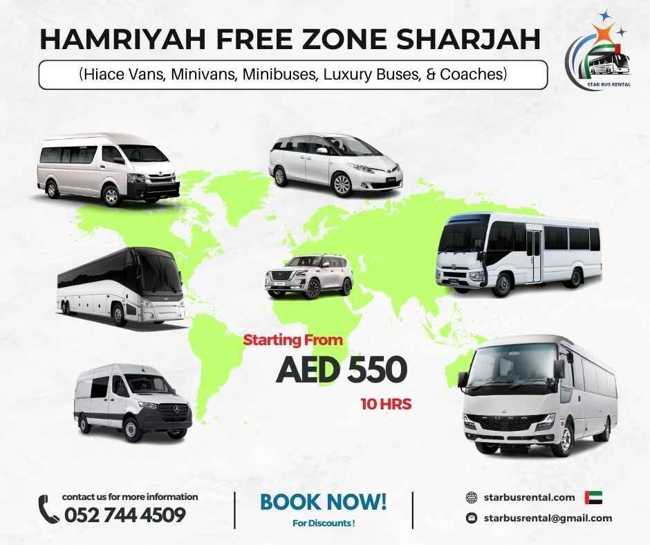 Bus rental service in Al Hamriyah Free Zone Sharjah for staff transport, labor buses, and corporate group travel