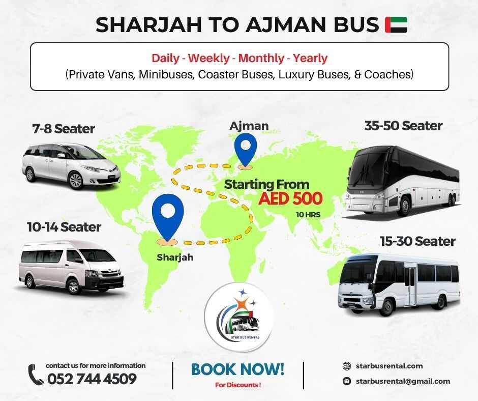 Bus rental service from Sharjah to Ajman for daily staff transport, group travel, and private transfers