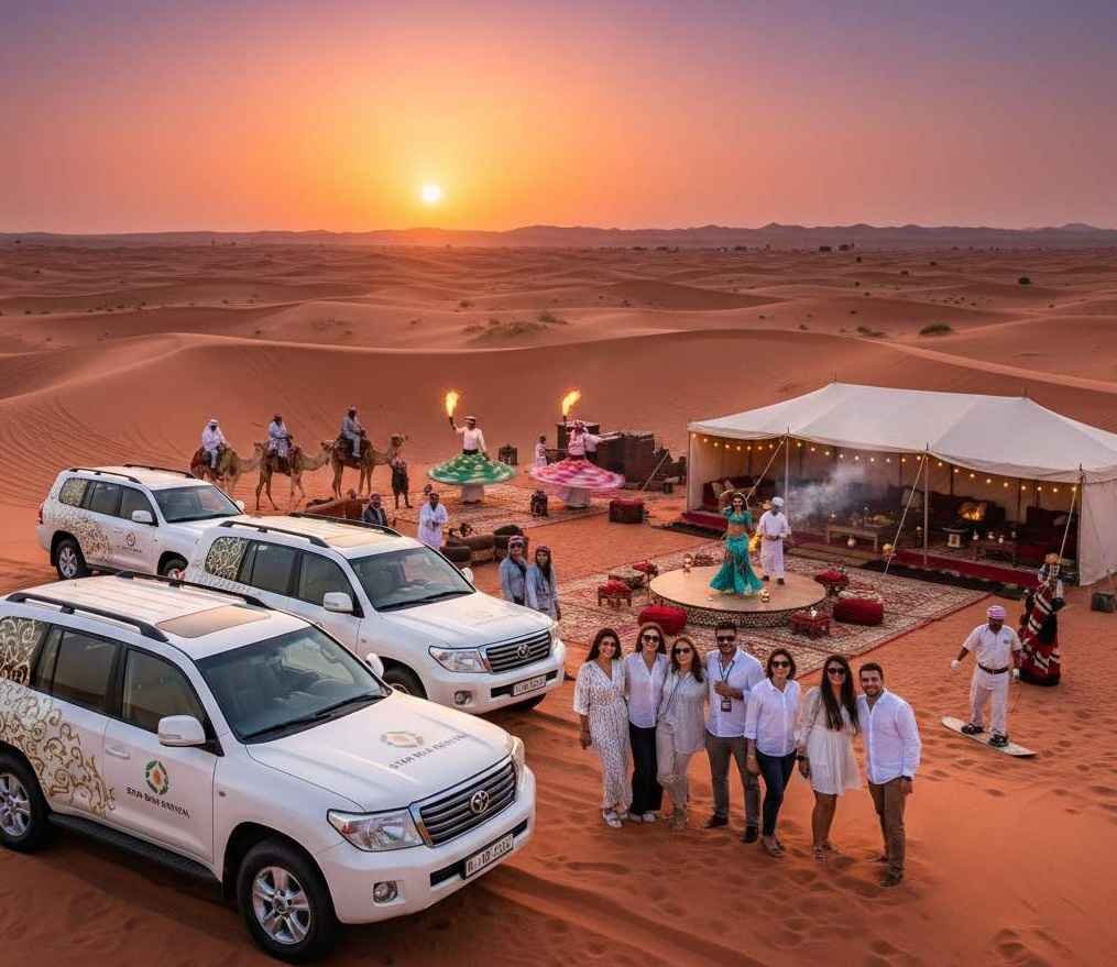 Desert safari Dubai with dune bashing, camel ride, sandboarding, and evening desert camp experience