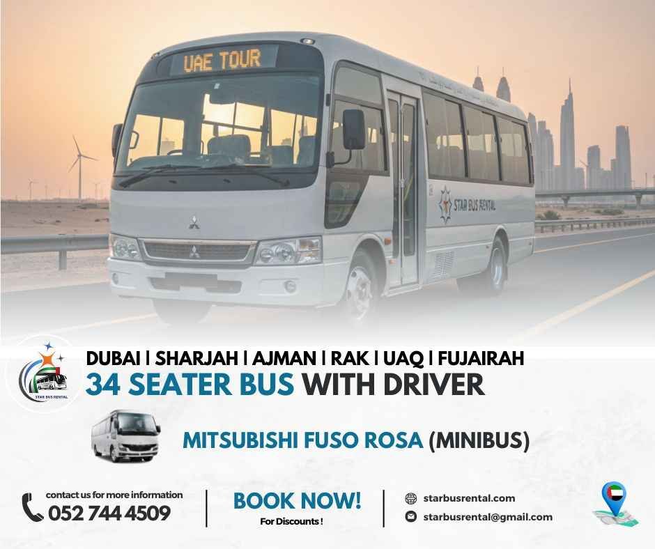 34 seater bus with driver in Sharjah, Dubai, Ajman, Ras Al Khaimah, Umm Al Quwain and Fujairah