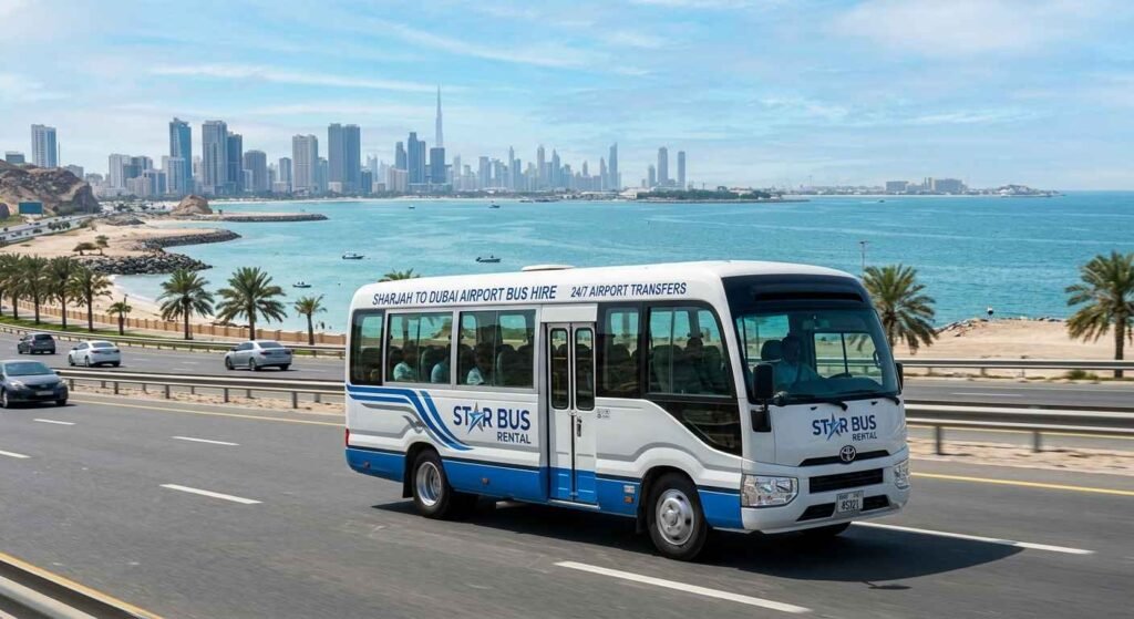 A Star Bus Rental Toyota Coaster minibus, branded "SHARJAH TO DUBAI AIRPORT BUS HIRE," drives on a scenic coastal highway with the Dubai skyline and Arabian Gulf in the background.